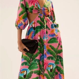 FARM Rio anthropologie Vibrant Pink and Green Maxi Dress